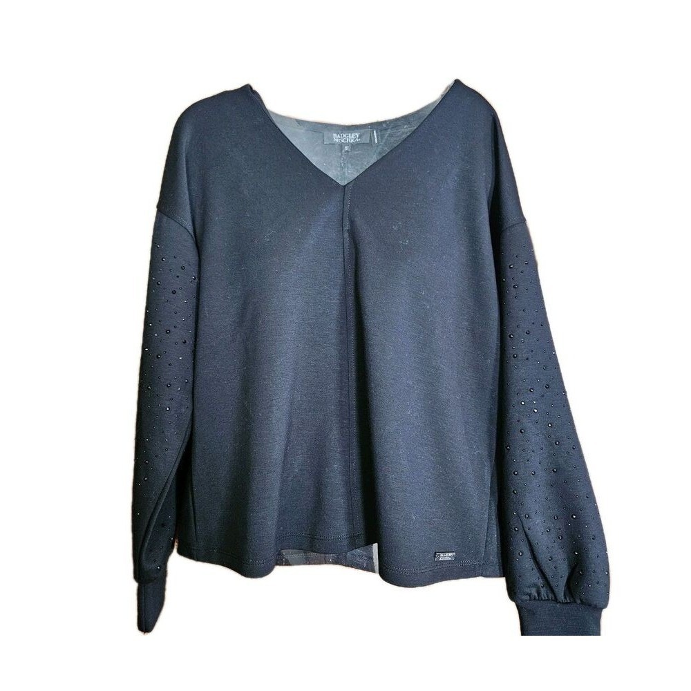 Badgley Mischka Black Drop Shoulder Top LS Rhinestone Sleeve Womens Small NWT